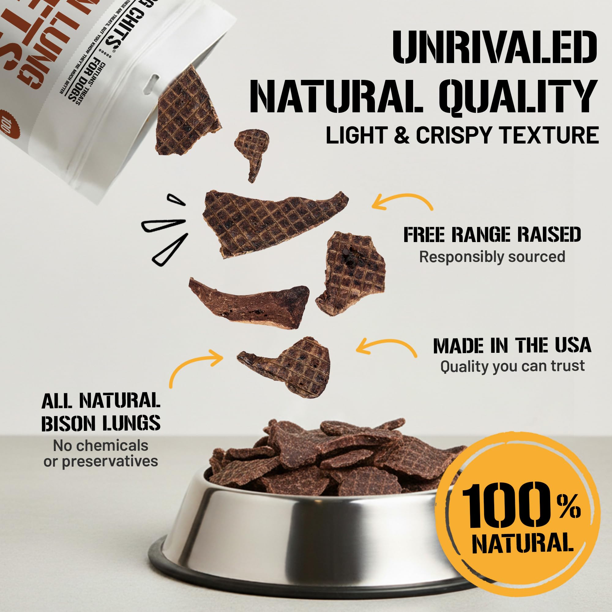 Dog Chits bison lung fillets image shows a dog enjoying a treat during training for a low-fat option.