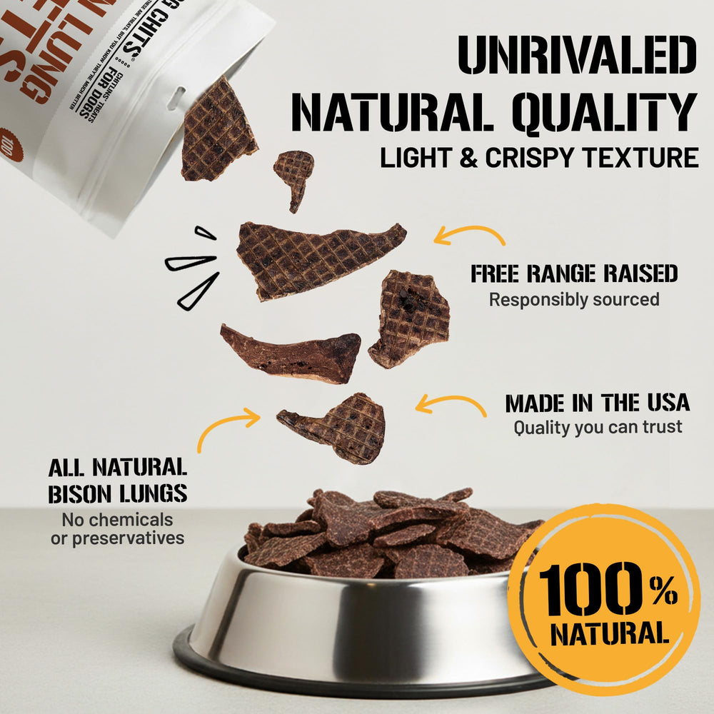 Dog Chits bison lung fillets image shows a dog enjoying a treat during training for a low-fat option.