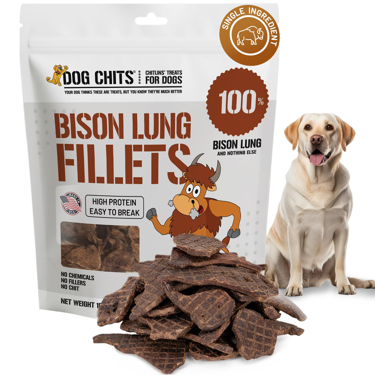 Dog Chits bison lung fillets packaging highlights all-natural, single-ingredient treats ideal for grain-free snacking.