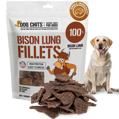 Dog Chits bison lung fillets packaging highlights all-natural, single-ingredient treats ideal for grain-free snacking.
