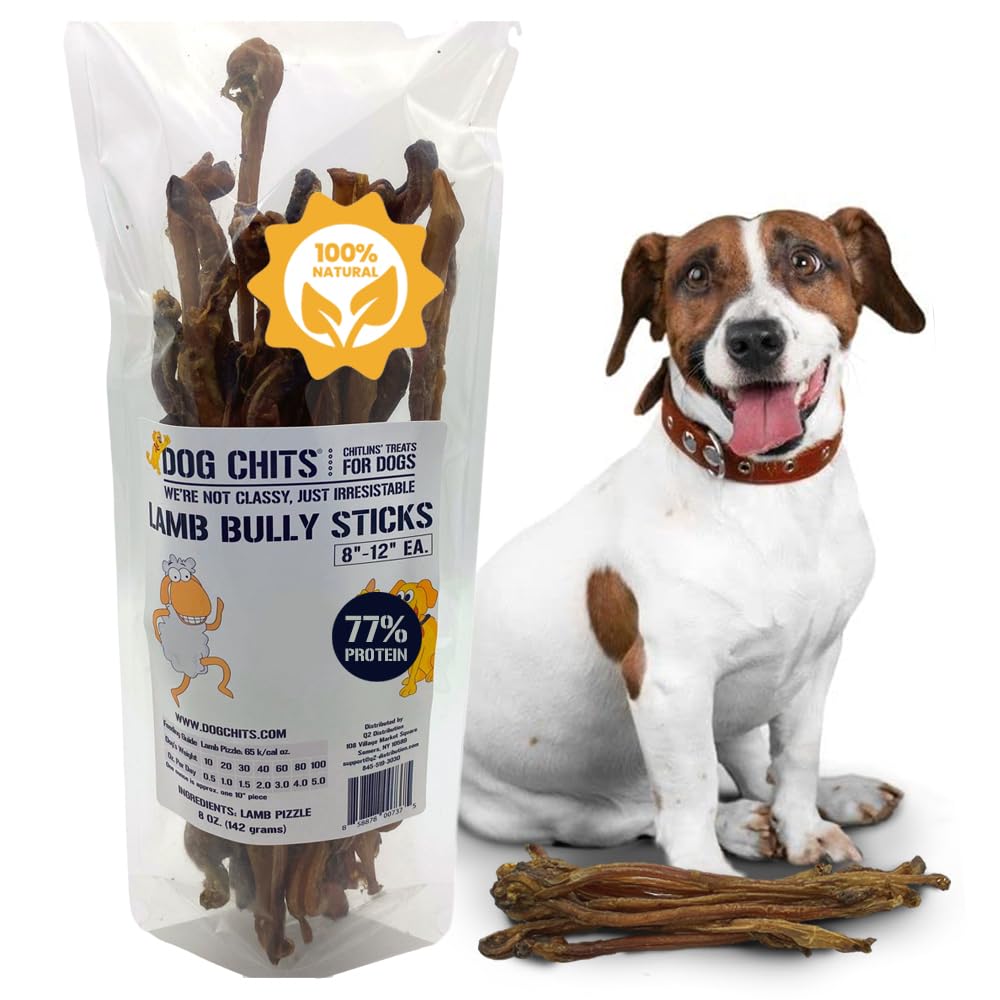 Dog Chits bully sticks lamb-pizzle 8in pack promotes long-lasting chew for dogs.