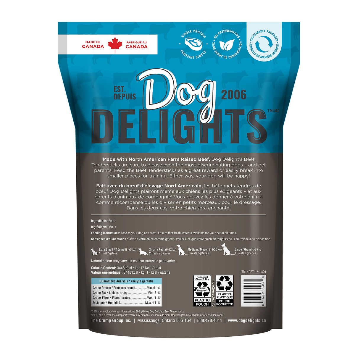 Dog Delights Beef Tendersticks strip closeup—protein-rich training bite.