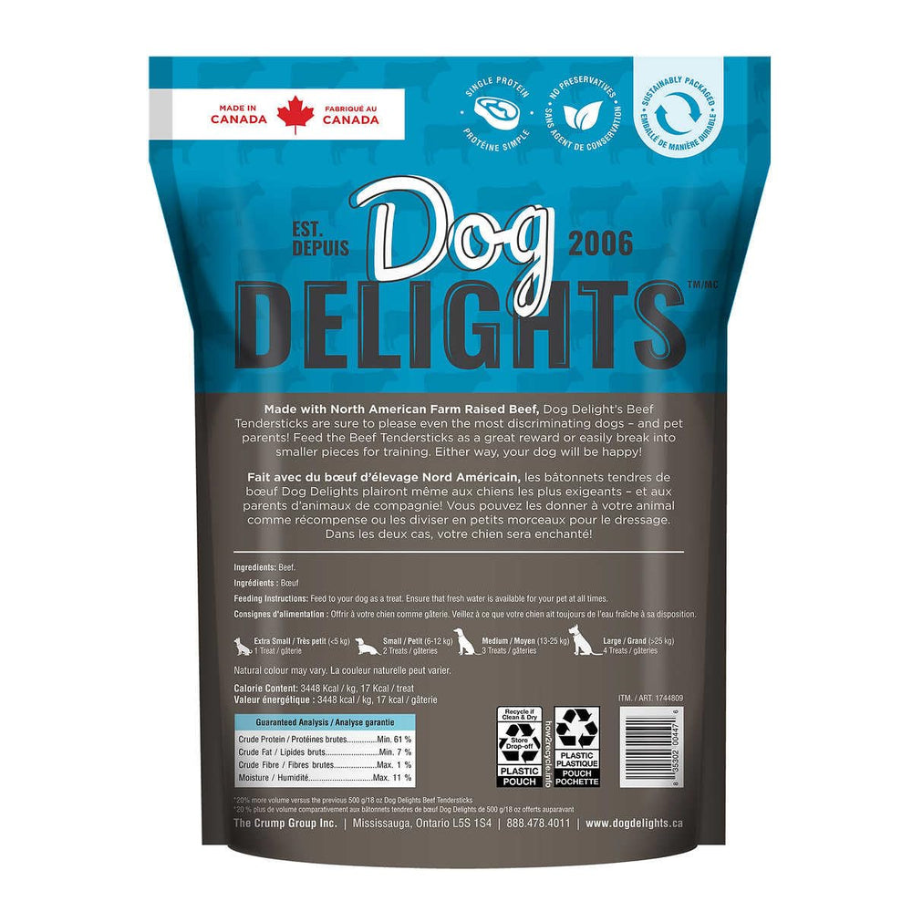 Dog Delights Beef Tendersticks strip closeup—protein-rich training bite.