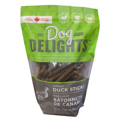 Dog Delights Chewy Duck Sticks 1kg pack image shows a nutritious training reward.