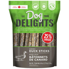 Dog Delights Chewy Duck Sticks packaging displays natural treat option for dogs.