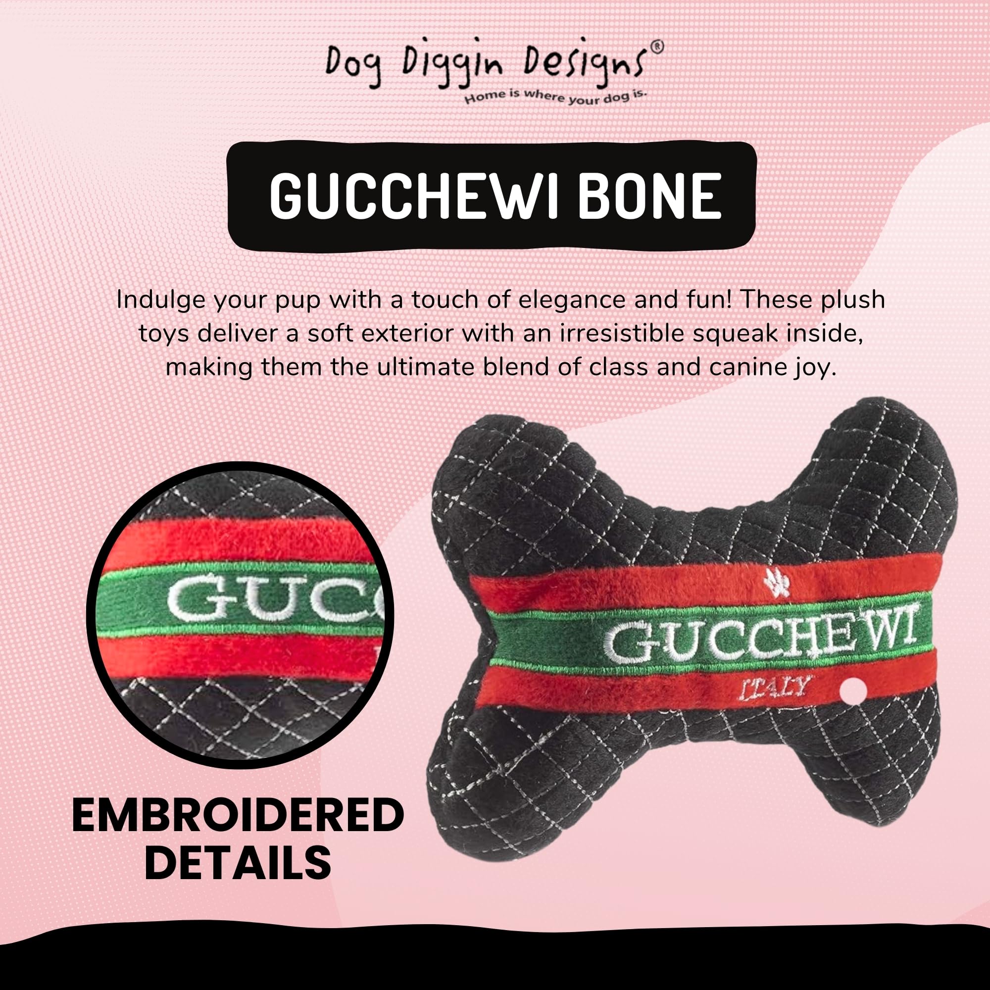 Dog Diggin Designs Runway Pup toy with appliqué detail, bold colors boost visual appeal during playtime.