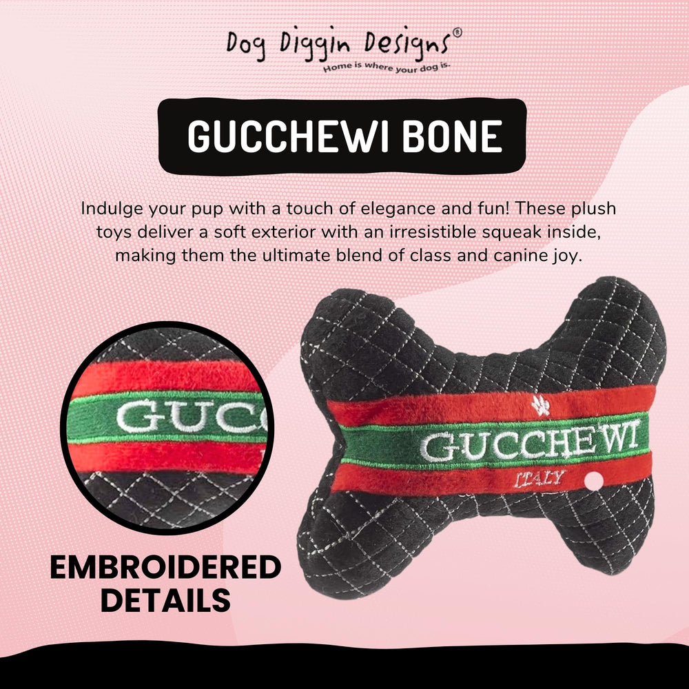 Dog Diggin Designs Runway Pup toy with appliqué detail, bold colors boost visual appeal during playtime.