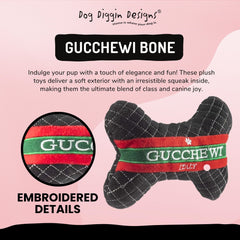 Dog Diggin Designs Runway Pup toy with appliqué detail, bold colors boost visual appeal during playtime.