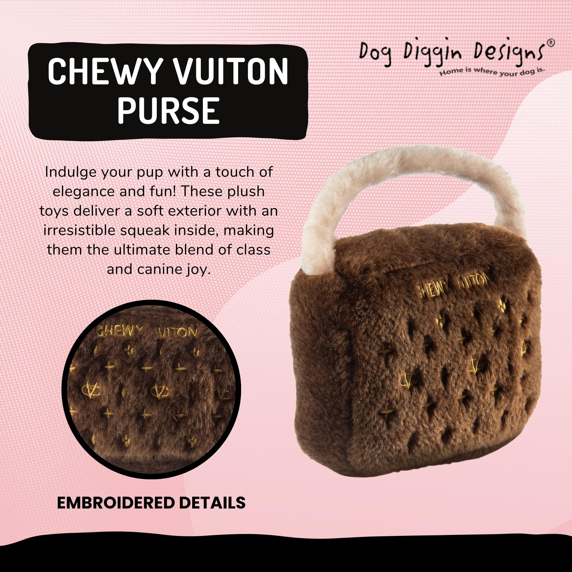Dog Diggin Designs Runway Pup purse toy 4—durable, safe squeak supports interactive games and training.
