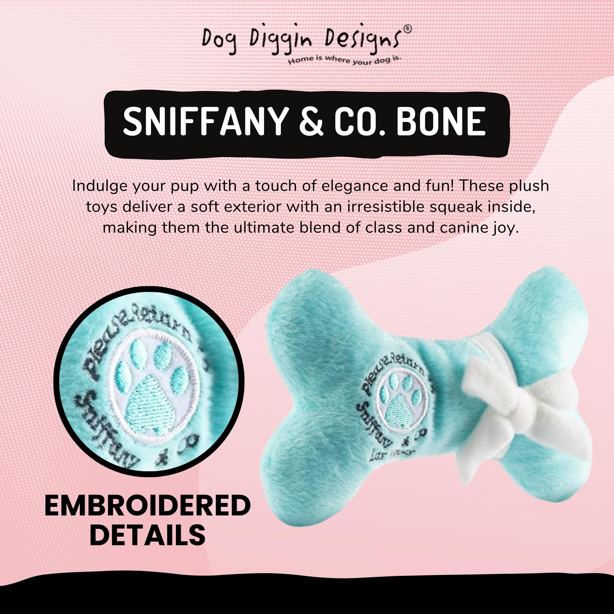 Dog Diggin Designs Runway Pup Toy bold appliqués boost visual appeal during play.