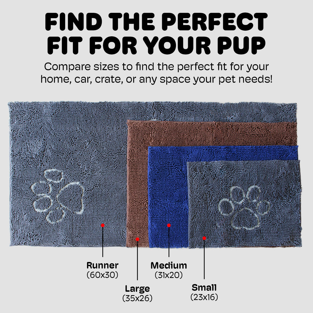 Dog Gone Smart Dirty Dog Doormat under bowls captures spills and crumbs effectively.
