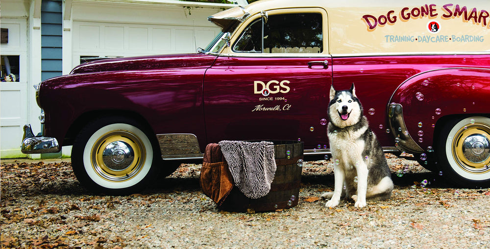 Dog Gone Smart Dirty Dog Shammy elastic-wrist design seen for secure grip during drying.