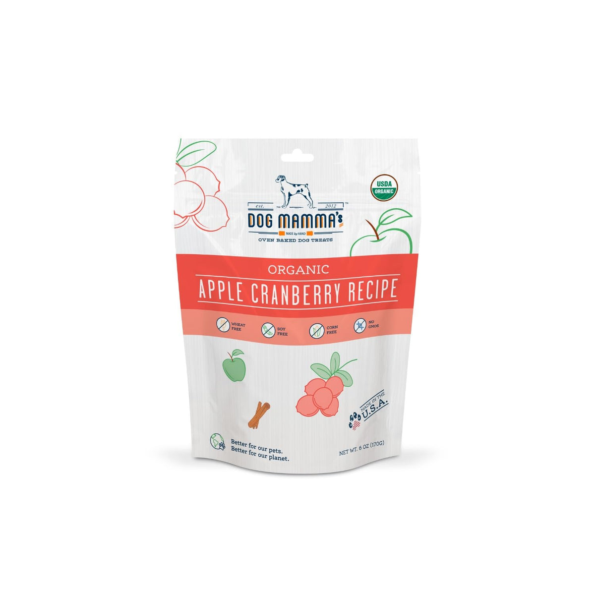 Dog Mamma's golosinas orgánicas manzana-arándano, sabor natural para premiar al perro.