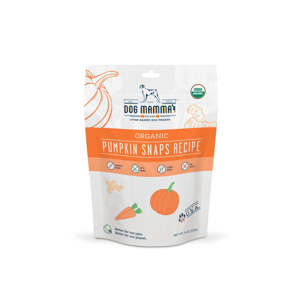 Dog Mamma's Organic Pumpkin Snaps bag, flavorful oven-baked treats for dogs.