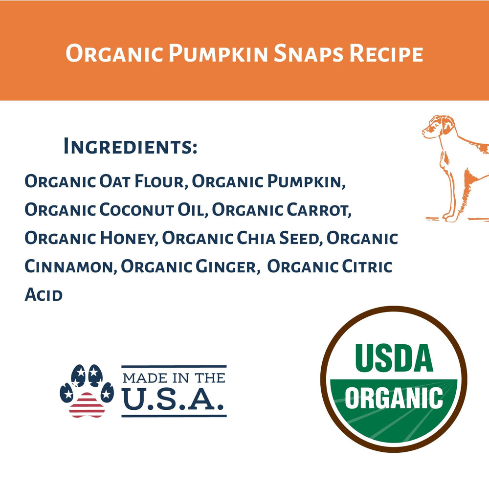 Dog Mamma's Organic Pumpkin Snaps wholesome snack, USDA Organic certified.