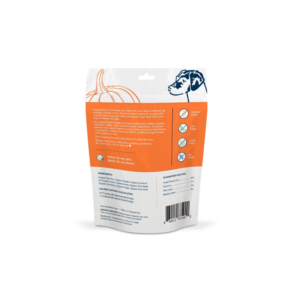 Dog Mamma's Organic Pumpkin Snaps ingredients close-up featuring pumpkin and carrot chunks.