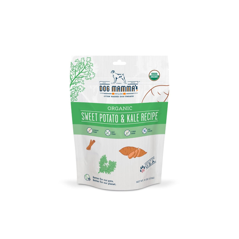 Dog Mamma's Organic Sweet Potato Kale treats bag front promoting wholesome snacking.