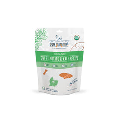 Dog Mamma's Organic Sweet Potato Kale treats bag front promoting wholesome snacking.