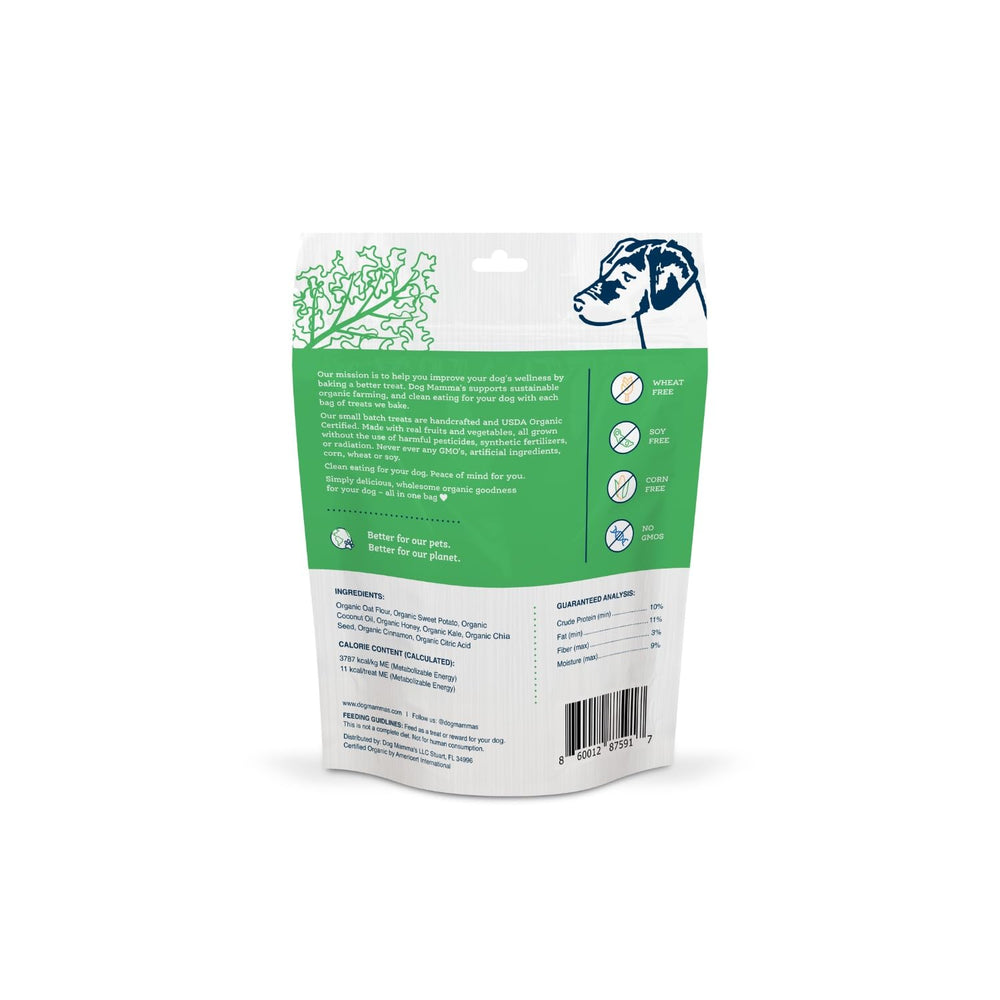 Dog Mamma's Organic Sweet Potato Kale close-up shows jumbo kale pieces for texture.