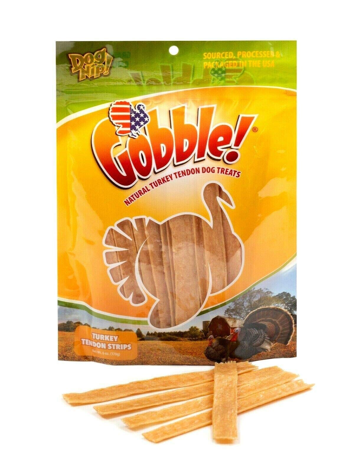 Dog Nip Gobble 6inch turkey tendon strip bag, USA-sourced, designed for long-lasting dental support.