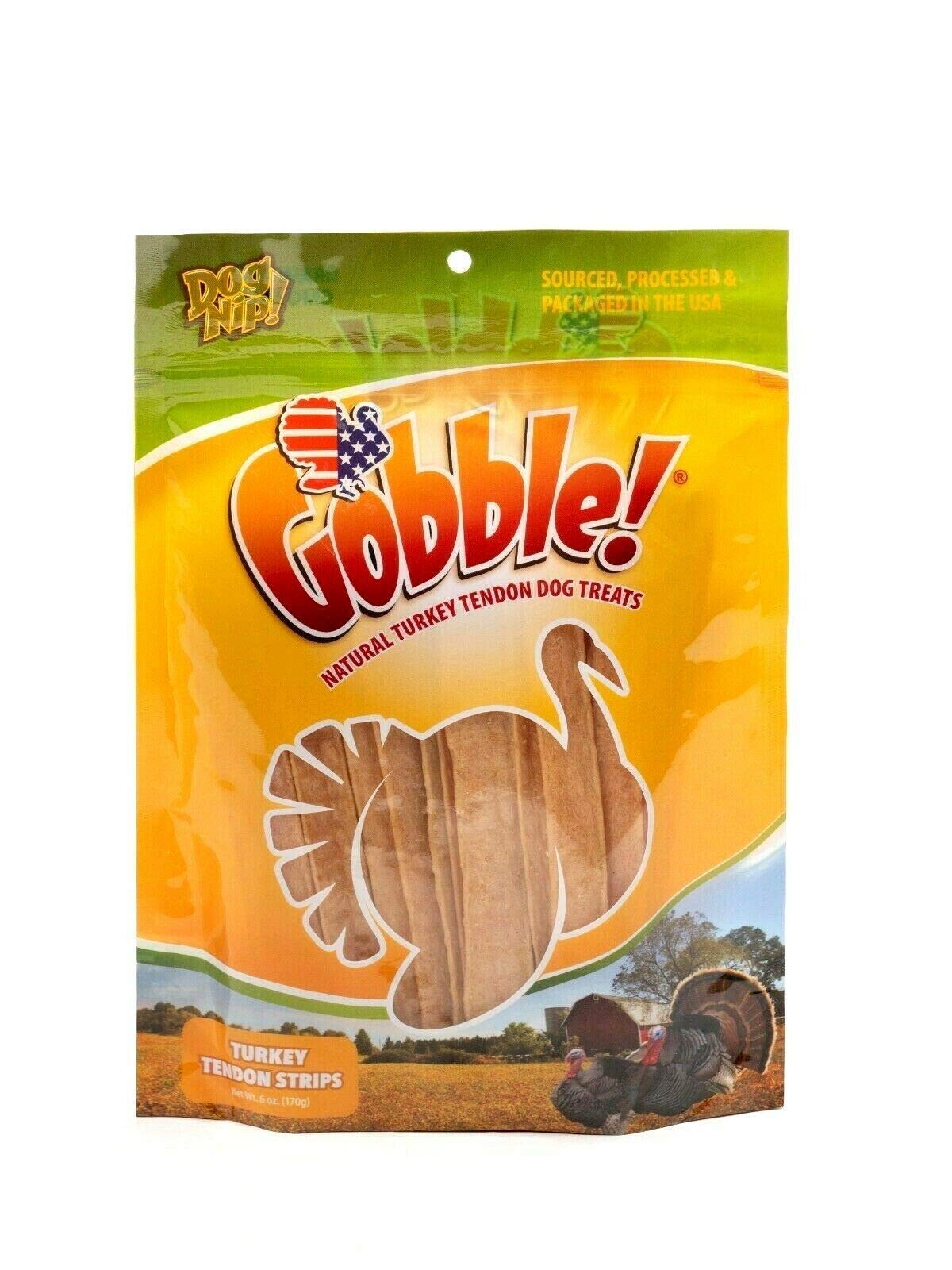 Gobble turkey tendon strips close-up, 6-inch chews ideal for medium dogs.