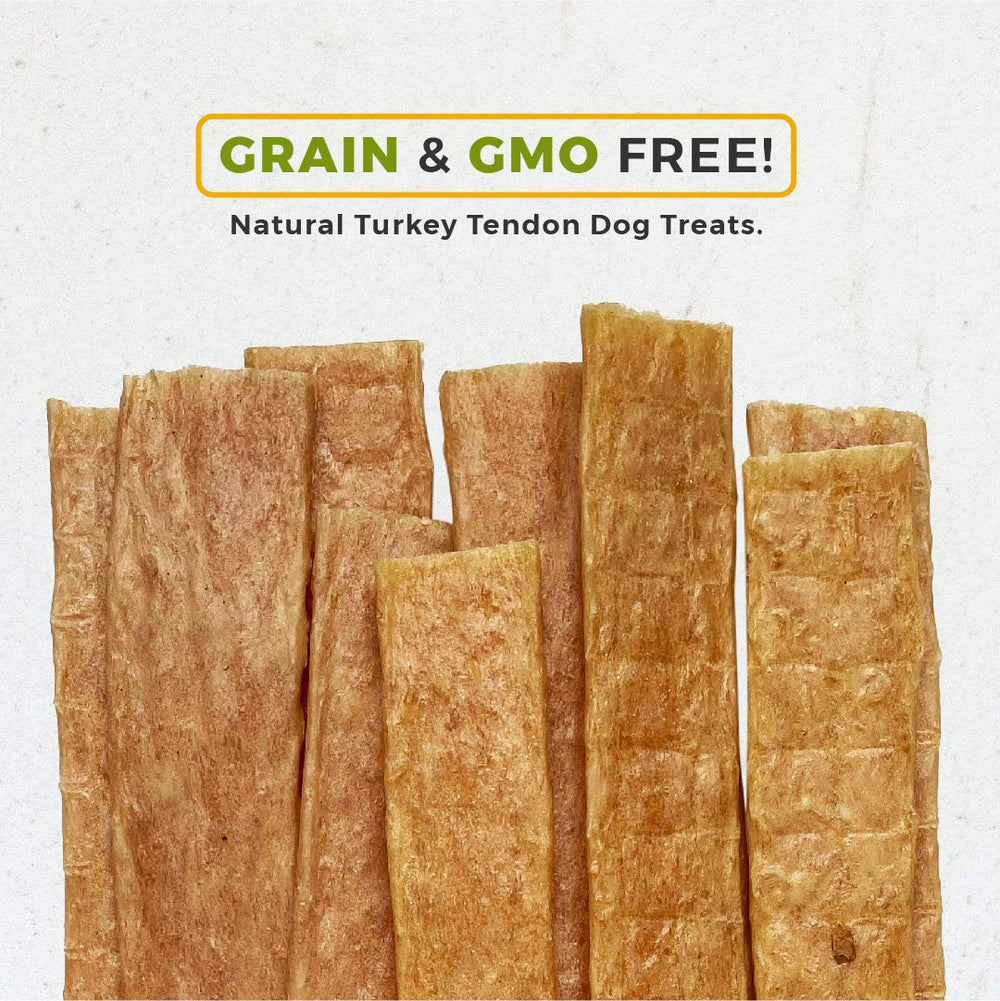 Dog Nip Gobble six-ounce bag features single-ingredient turkey tendons for large chewers.