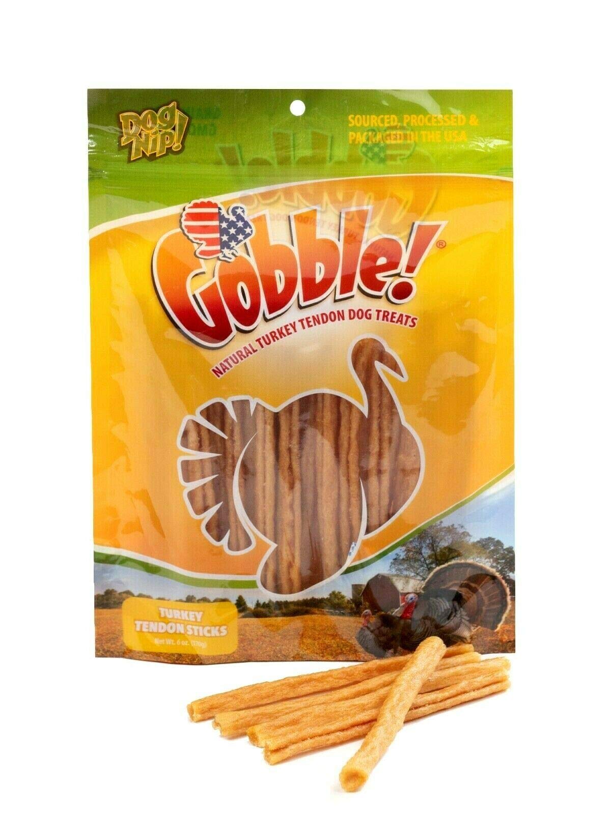 Dog Nip Gobble Turkey Tendon Pack closeup showing jumbo chews for dogs' dental support.
