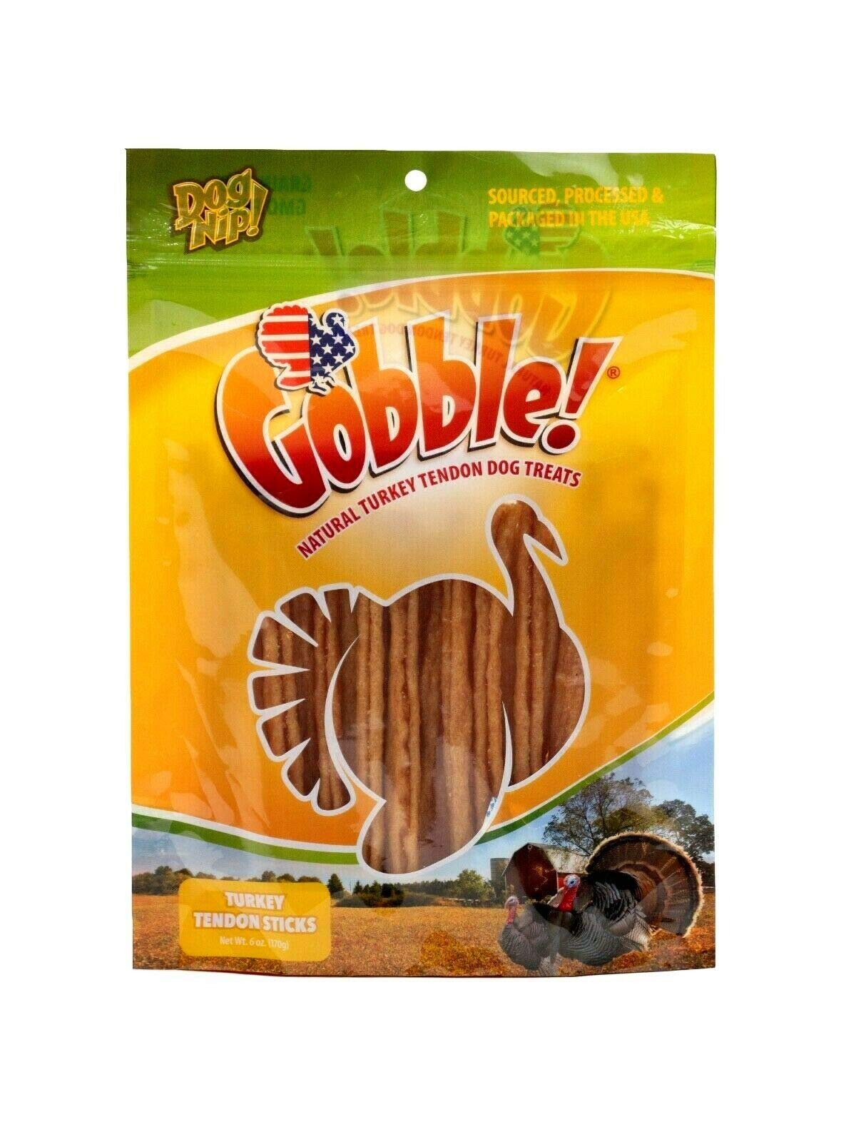 Dog Nip Gobble Turkey Tendon Sticks 6 oz bag highlighting ready-to-gnaw chews.