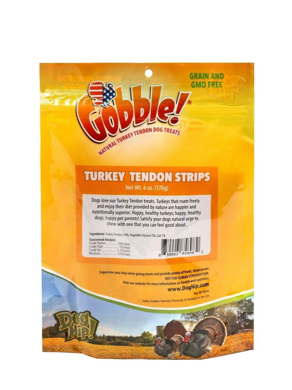 Dog Nip Gobble packaging highlights USA sourcing and natural single-ingredient chew.