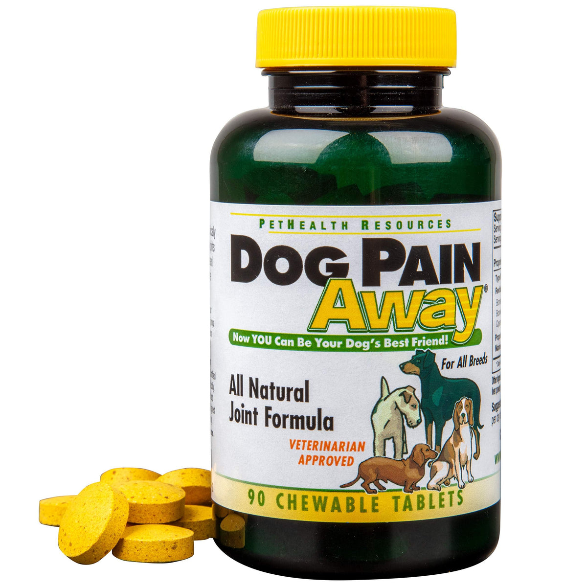 Dog Pain Away bottle closeup showing all-natural joint support for dogs.