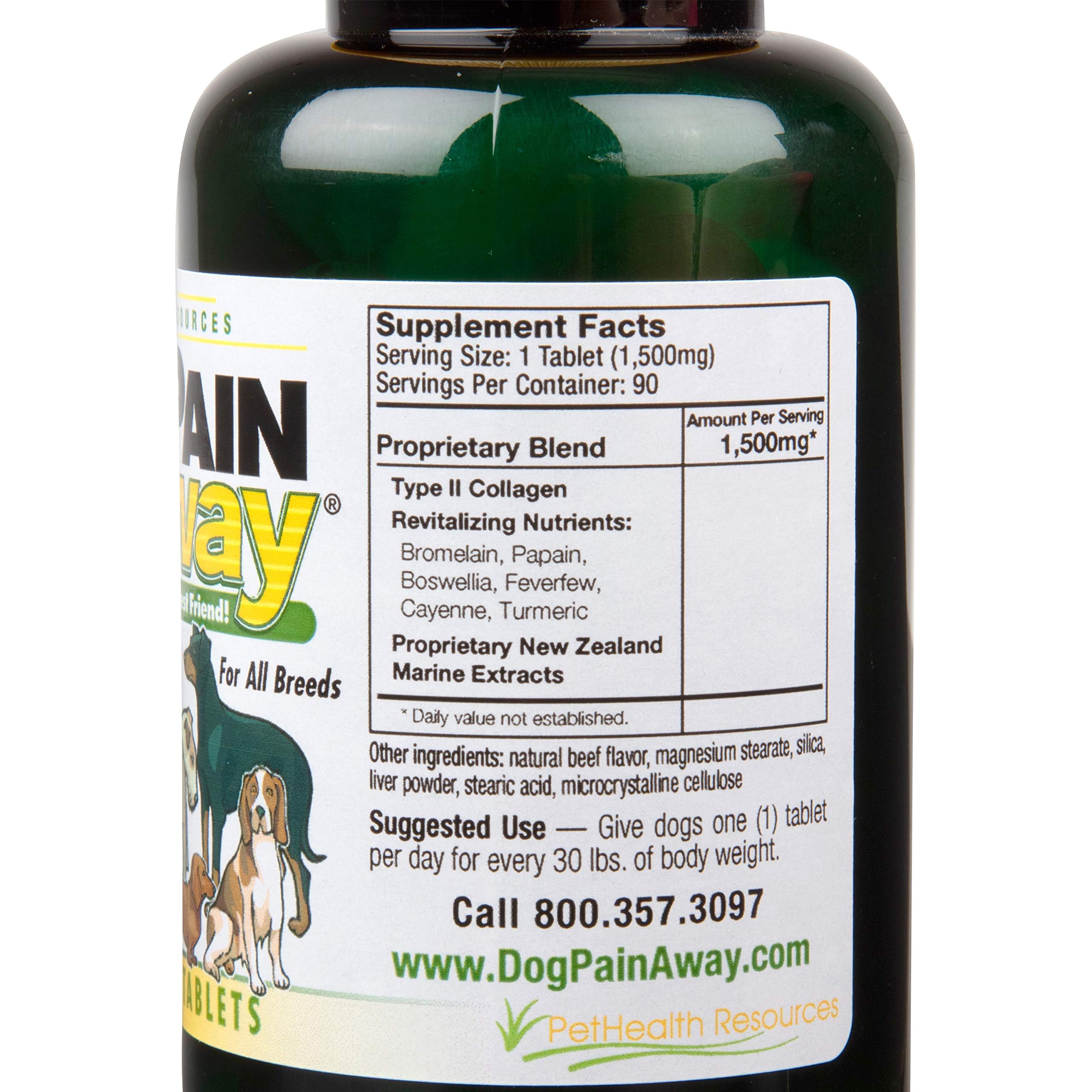 Dog Pain Away label info closeup showcases 90-tablet package and natural blend.