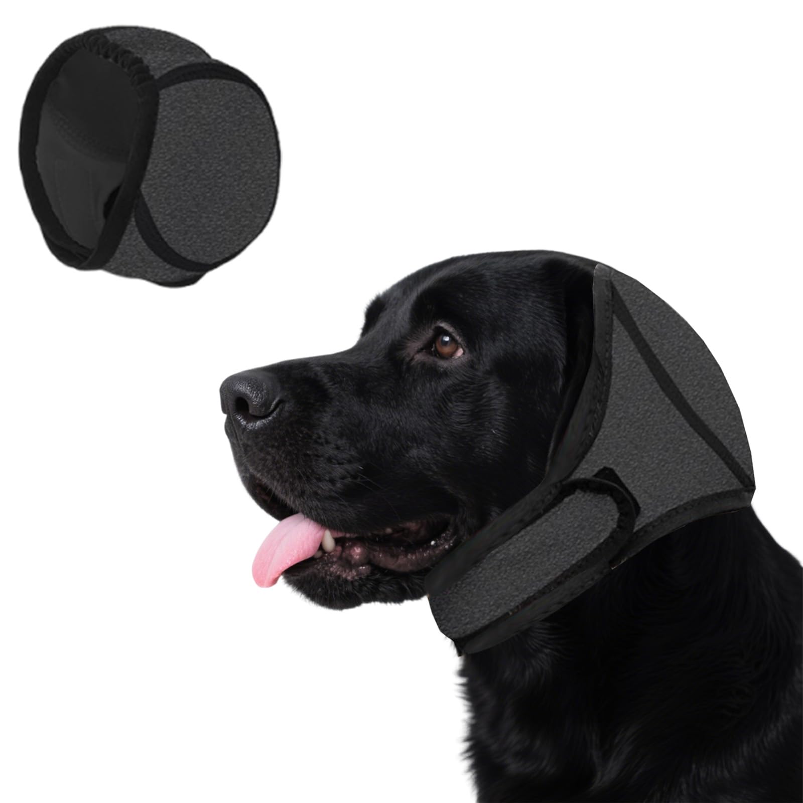 Dog Quiet Ear Cover gray hood worn to reduce noise during storms and travel