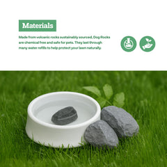 Dog Rocks being poured into a dog's water bowl for easy use.