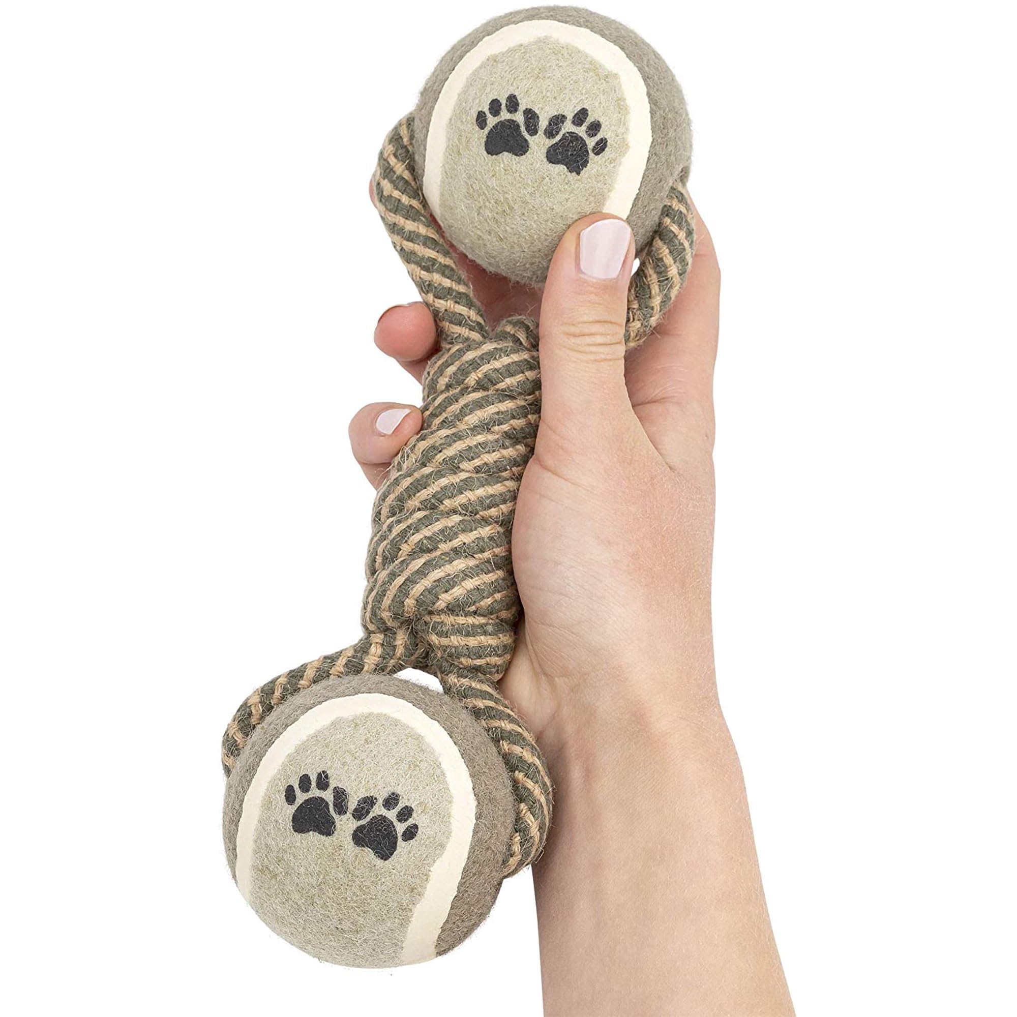 Dog rope dumbbell tennis-ball-detail emphasizes textured surface for safe chewing.