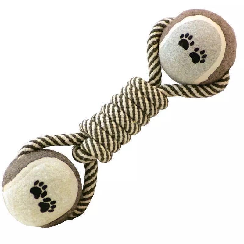 Dog rope dumbbell toy front view shows durable cotton rope for chewing and fetch play.