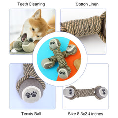 Dog rope dumbbell toy side view highlights carry-friendly design for tug and fetch.