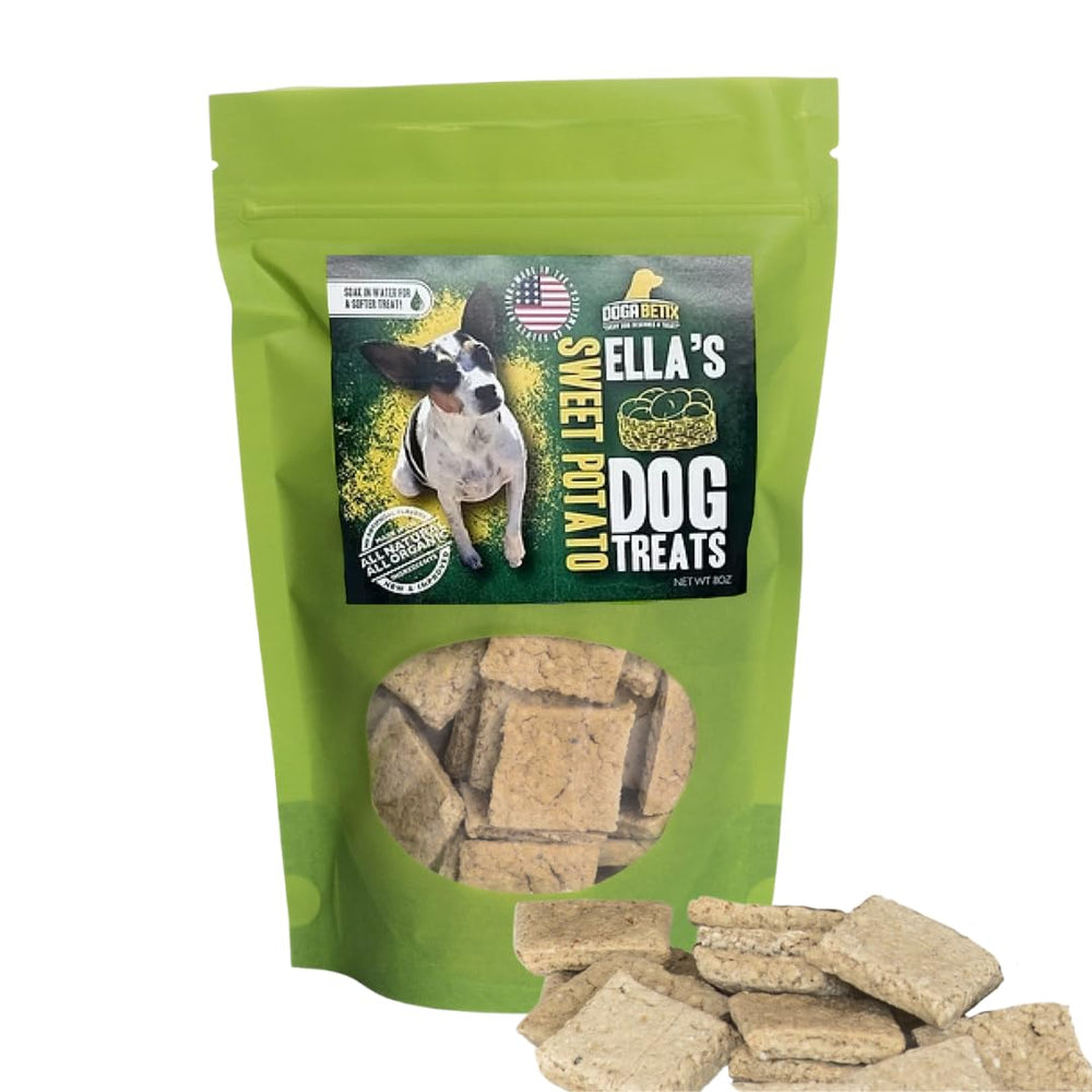 DogaBetix Ella's Sweet Potato treats 8oz – naturally low glycemic for steady energy.