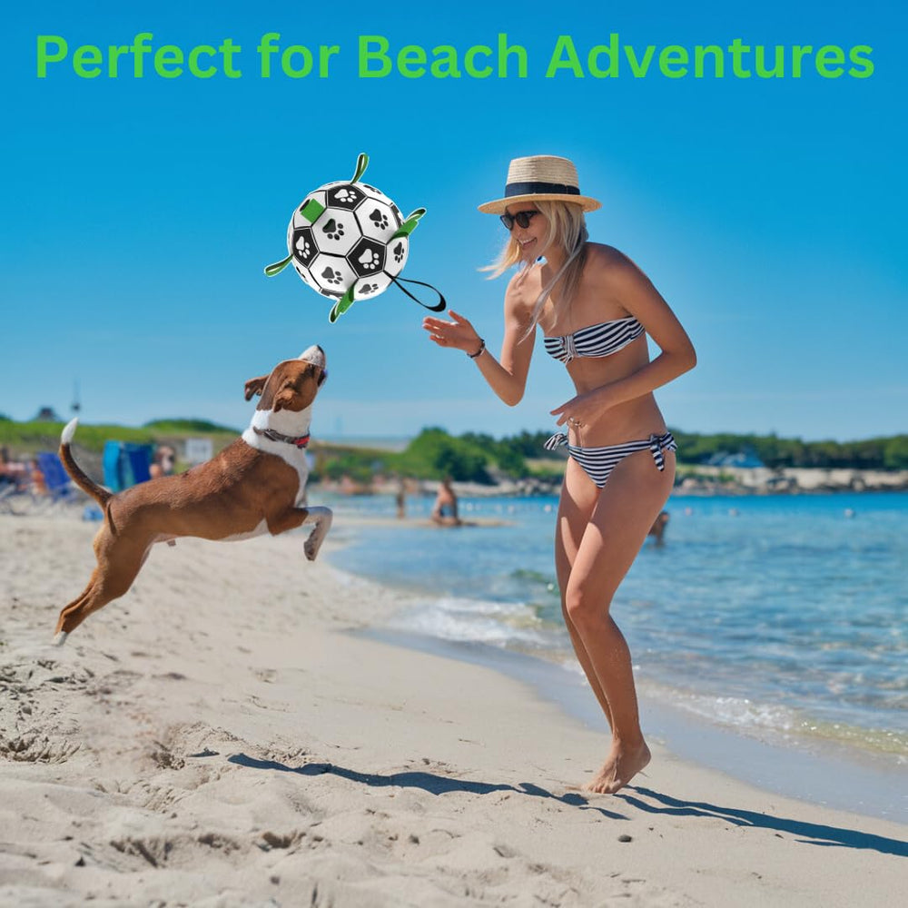 DogBall grab tabs enable easy pickup and tugging in interactive games.