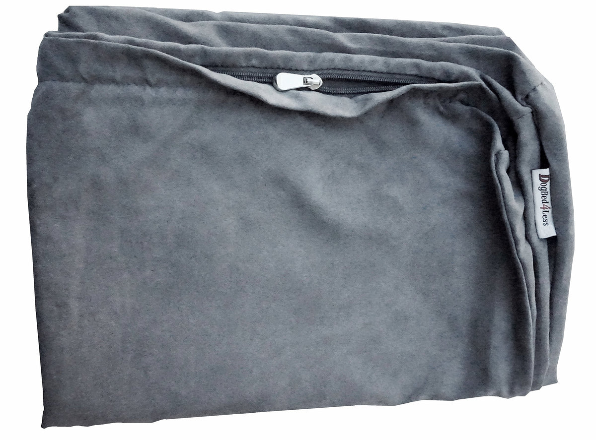 Dogbed4less suede replacement cover in gray demonstrates fit on memory foam pads