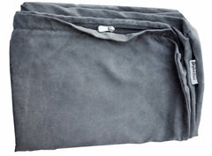 Dogbed4less suede replacement cover in gray demonstrates fit on memory foam pads