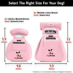 DogBuddy Pooper Scooper large pink in-use photo demonstrates easy waste pickup on grass and pavement.