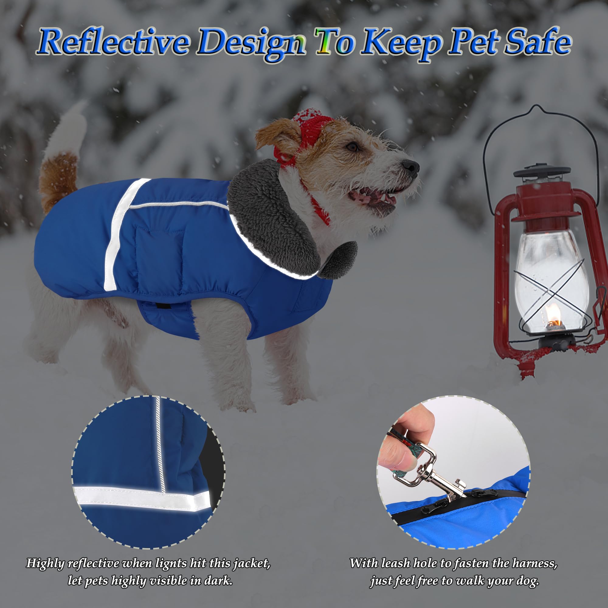 Dogcheer leash-friendly back zipper in blue for easy harness attachment.