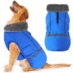 Dogcheer warm coat front view in blue; cozy warmth for cold walks.