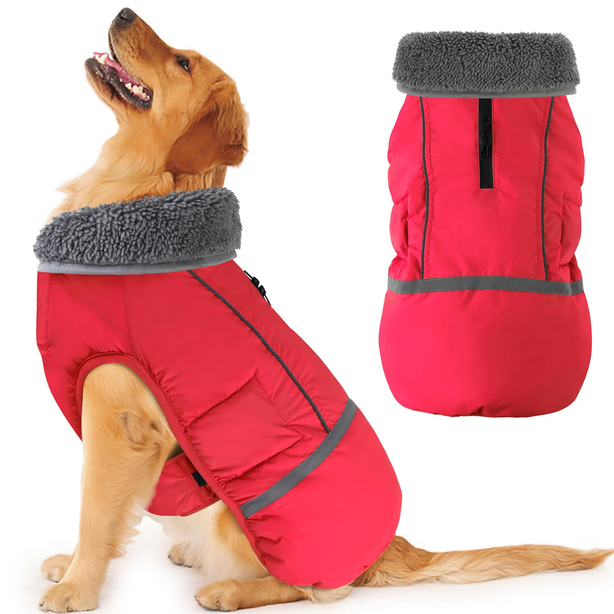 Dogcheer warm dog coat front view with waterproof exterior and cozy fleece lining for chilly walks.