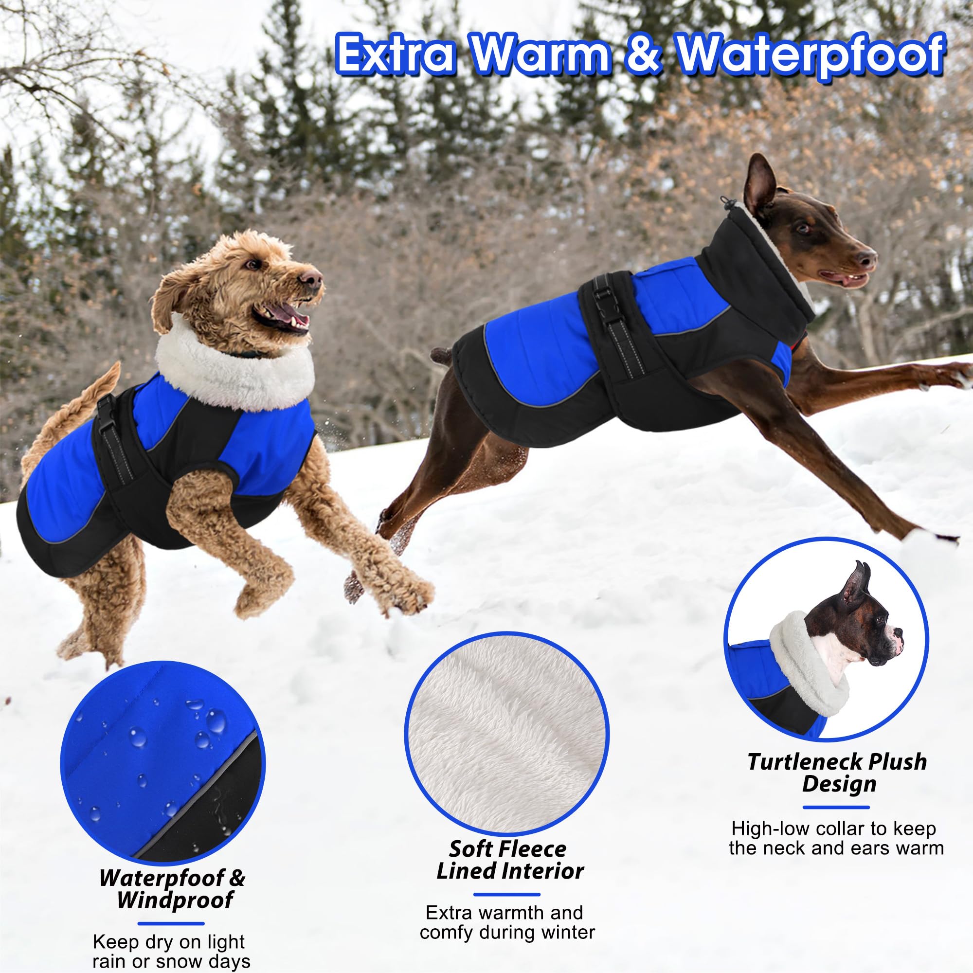 Dogcheer waterproof dog coat blue fleece inside—cozy warmth during cold outings.