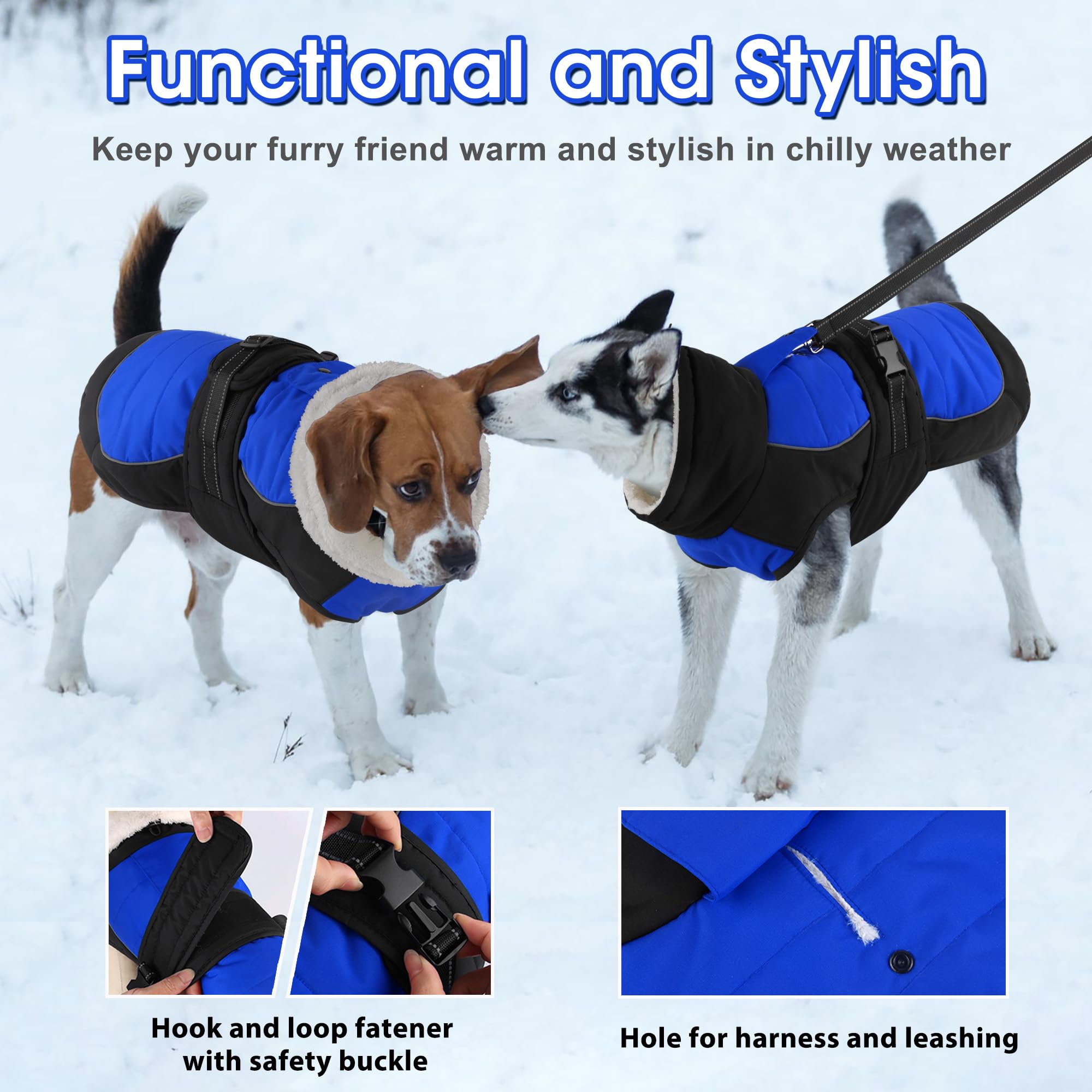 Dogcheer waterproof dog coat blue reflective strips—enhanced visibility on night walks.