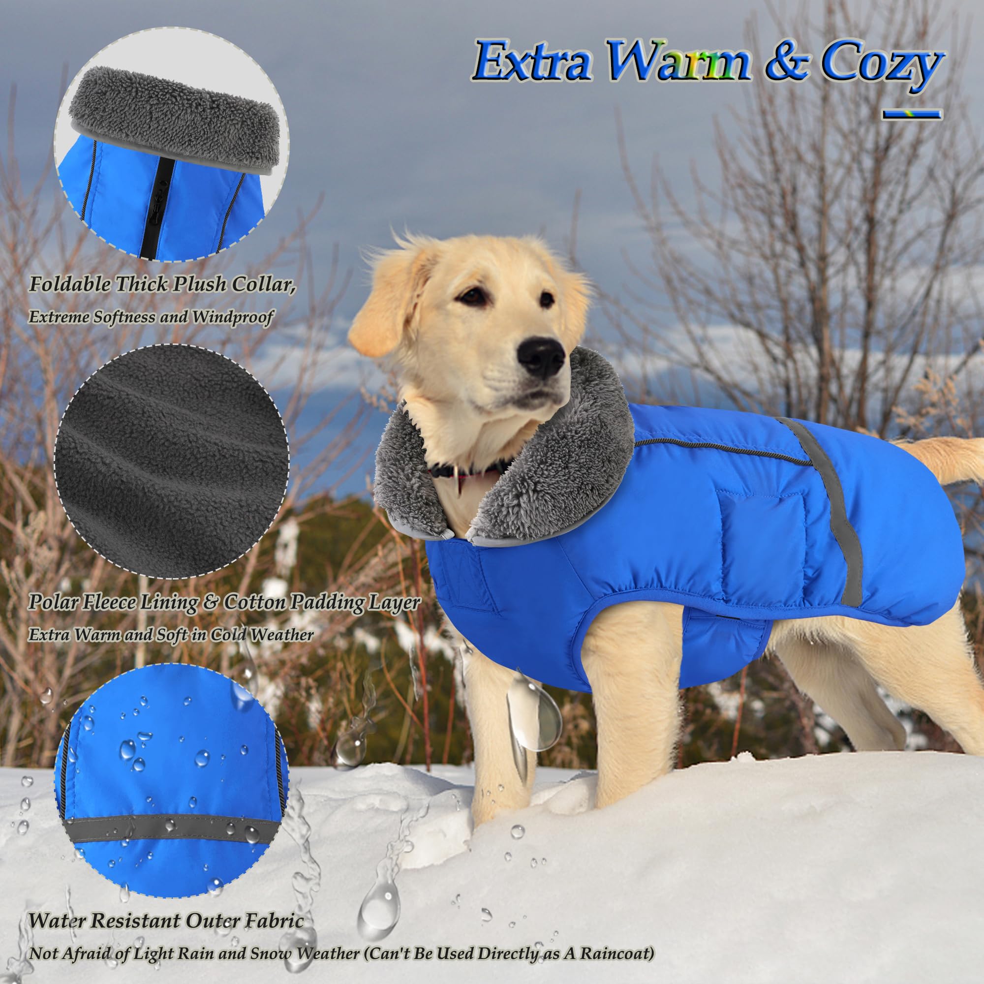 Dogcheer waterproof fabric close-up in blue shows rain and snow protection.