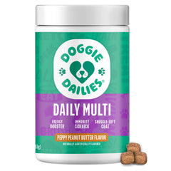 Doggie Dailies 5in1 multivitamin bottle showing peanut butter flavor and wellness support