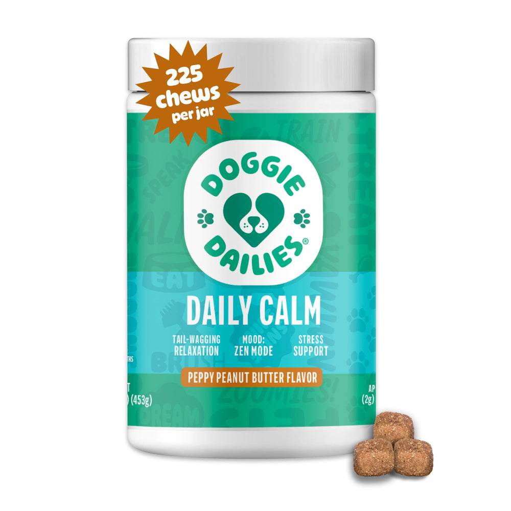 Doggie Dailies calming chews peanut butter packaging promotes easy dosing for anxious dogs