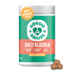 Doggie Dailies Cranberry supplement bottle pour for daily urinary health support.